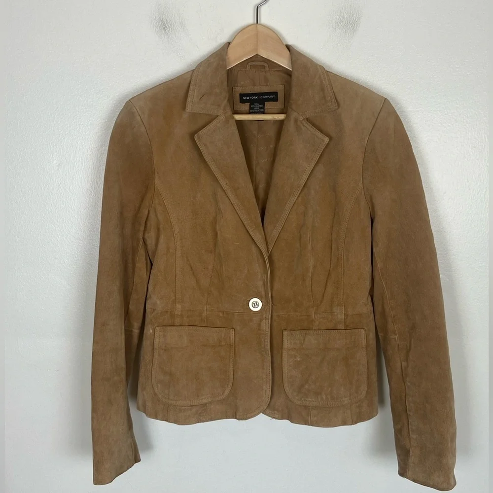New York & Company Suede Leather Blazer Jacket 10‎ Tan Front Pockets Y2K Preppy